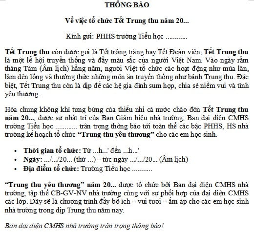 Thông báo tổ chức chương trình Tết Trung thu trường tiểu học