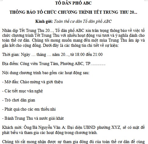 Thông báo tổ chức chương trình Tết Trung thu cho doành nghiệp