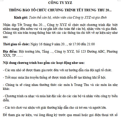 Thông báo tổ chức chương trình Tết Trung thu địa phương