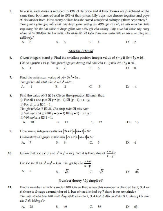 Đề thi Toán TIMO lớp 7 vòng loại