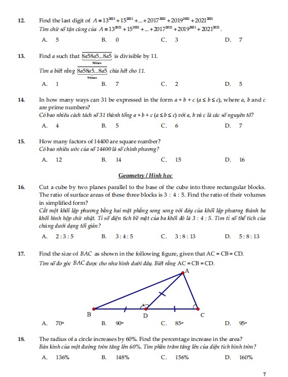 Đề thi Toán TIMO lớp 7 vòng loại
