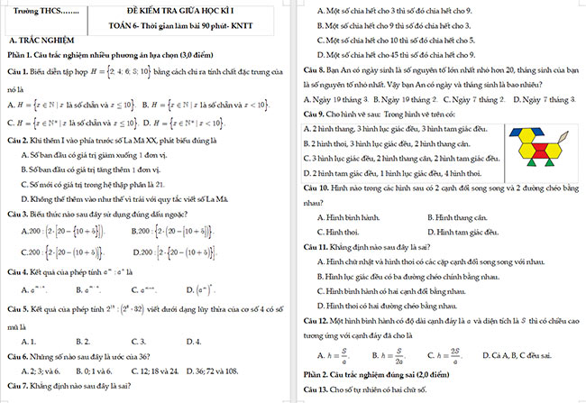 Đề thi giữa kì 1 Toán 6 Kết nối tri thức