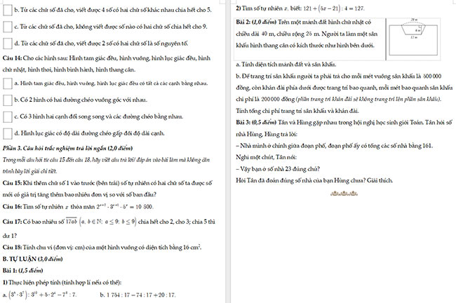 Đề thi giữa kì 1 Toán 6 Cánh diều