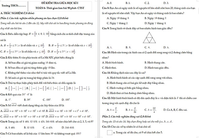 Đề thi giữa kì 1 Toán 6 Chân trời sáng tạo