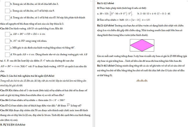 Đề thi giữa kì 1 Toán 6 Chân trời sáng tạo