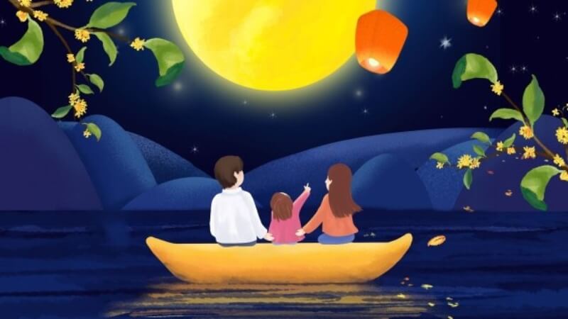 Tranh vẽ ngắm trăng trung thu bên gia đình