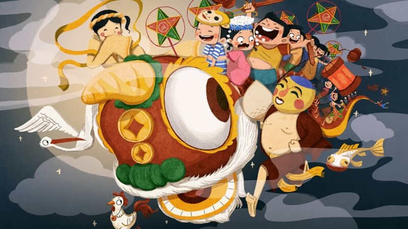Tranh vẽ múa lân đêm trung thu