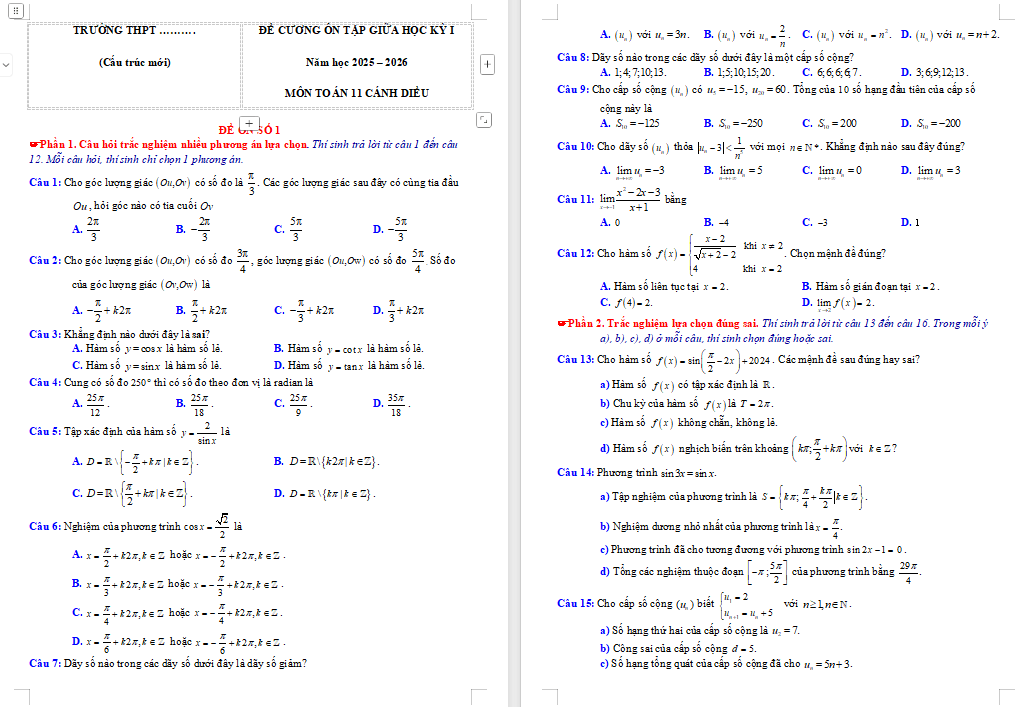 Đề cương ôn tập giữa học kì 1 Toán 11 Kết nối tri thức 2025