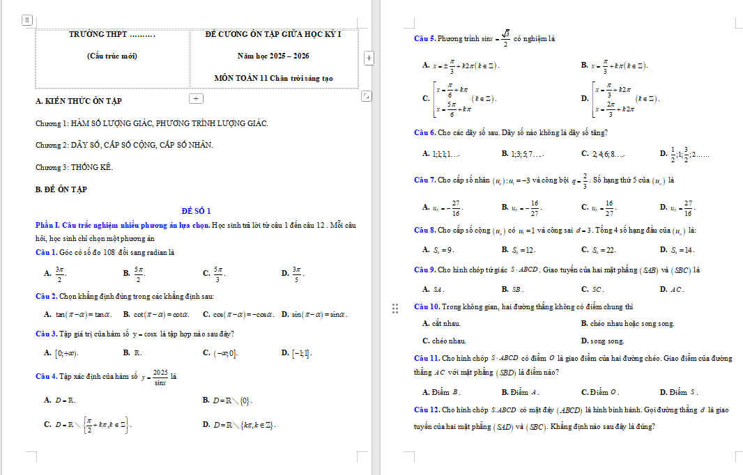 Đề cương ôn thi giữa học kì 1 Toán 11 Chân trời sáng tạo