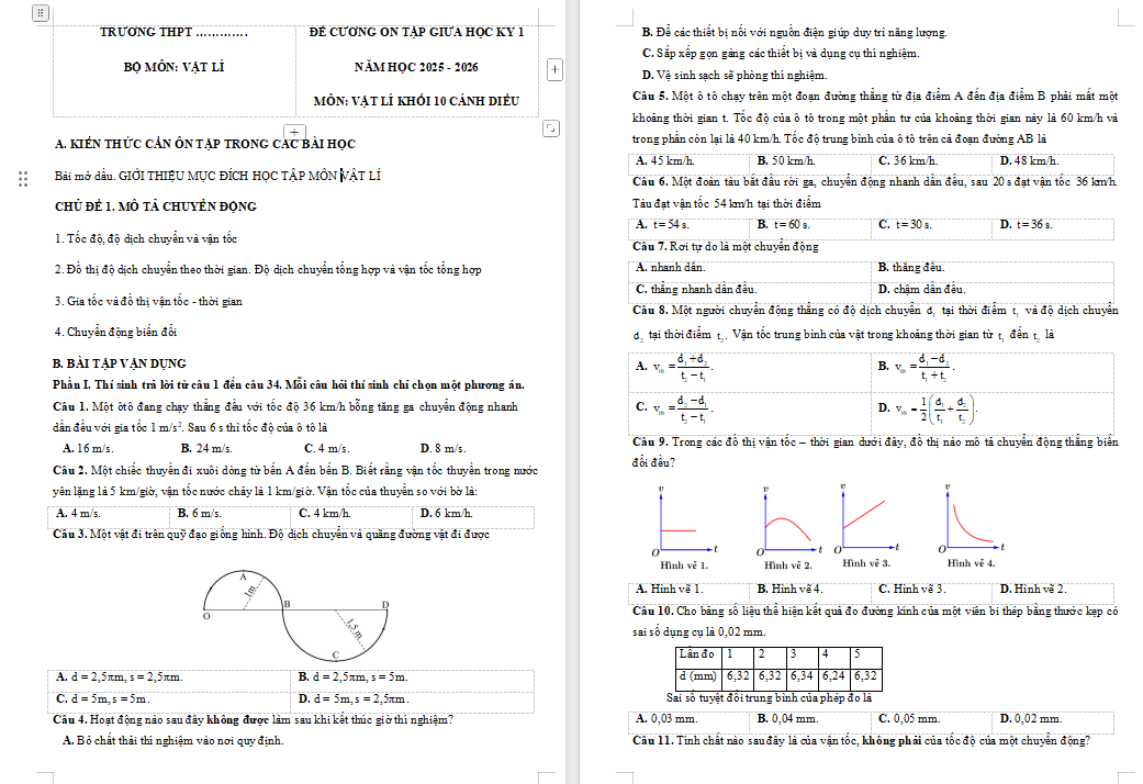 Đề cương ôn thi giữa học kì 1 Vật lí 10 Cánh diều