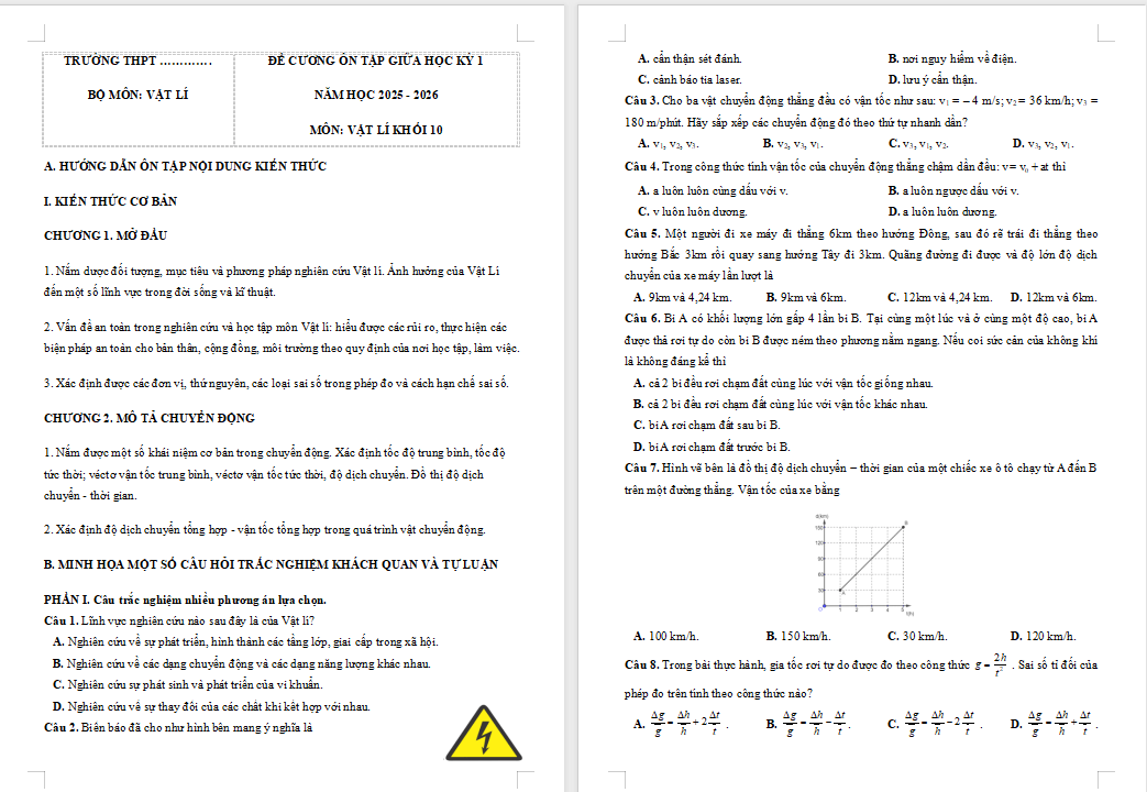 Đề cương ôn thi giữa học kì 1 Vật lí 10 Chân trời sáng tạo