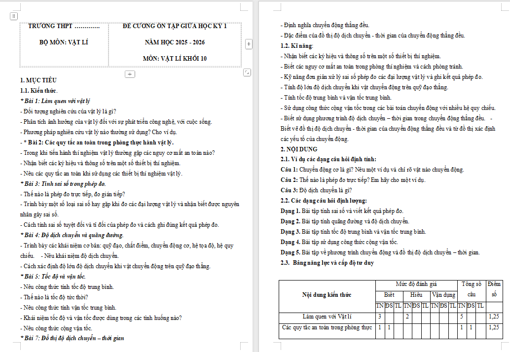 Đề cương ôn thi giữa học kì 1 Vật lí 10 Kết nối tri thức