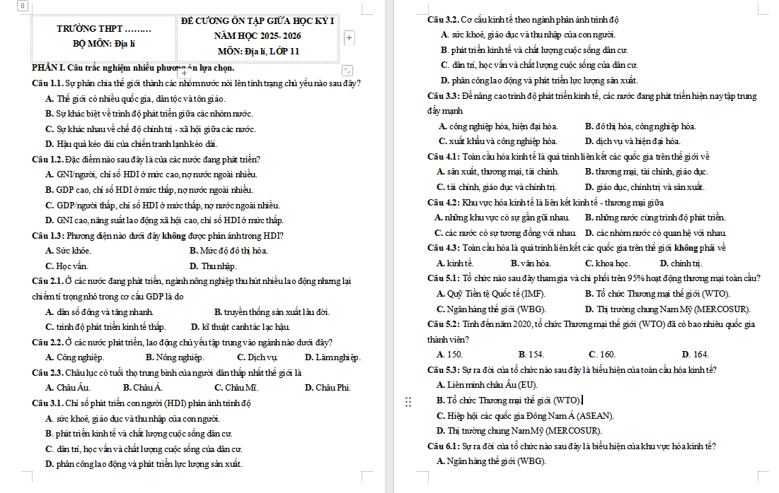 Đề cương ôn thi giữa học kì 1 Địa lí 11 Cánh diều 