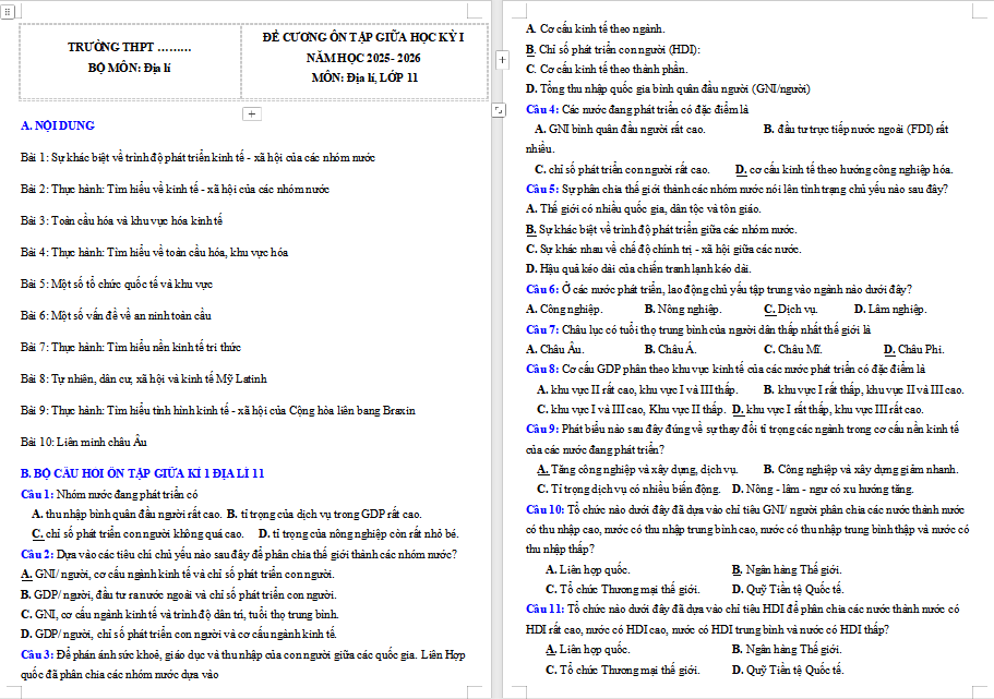 Đề cương ôn thi giữa học kì 1 Địa lí 11 Chân trời sáng tạo