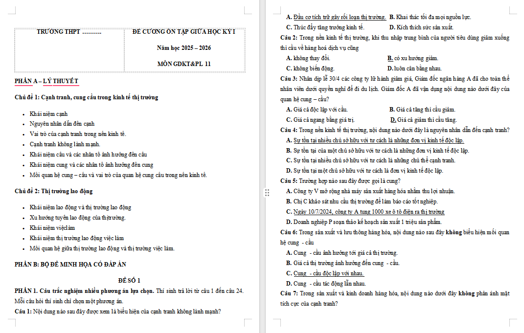 Đề cương ôn tập giữa kì 1 Giáo dục Kinh tế và Pháp luật 11 