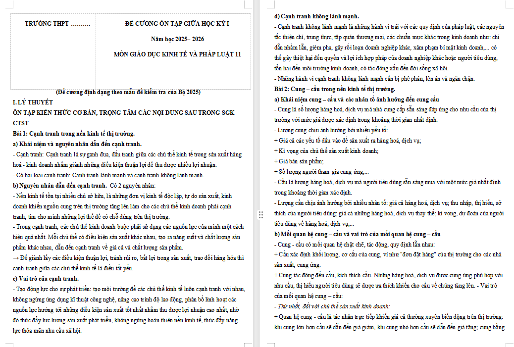 Đề cương ôn thi giữa học kì 1 GDKT&PL 11