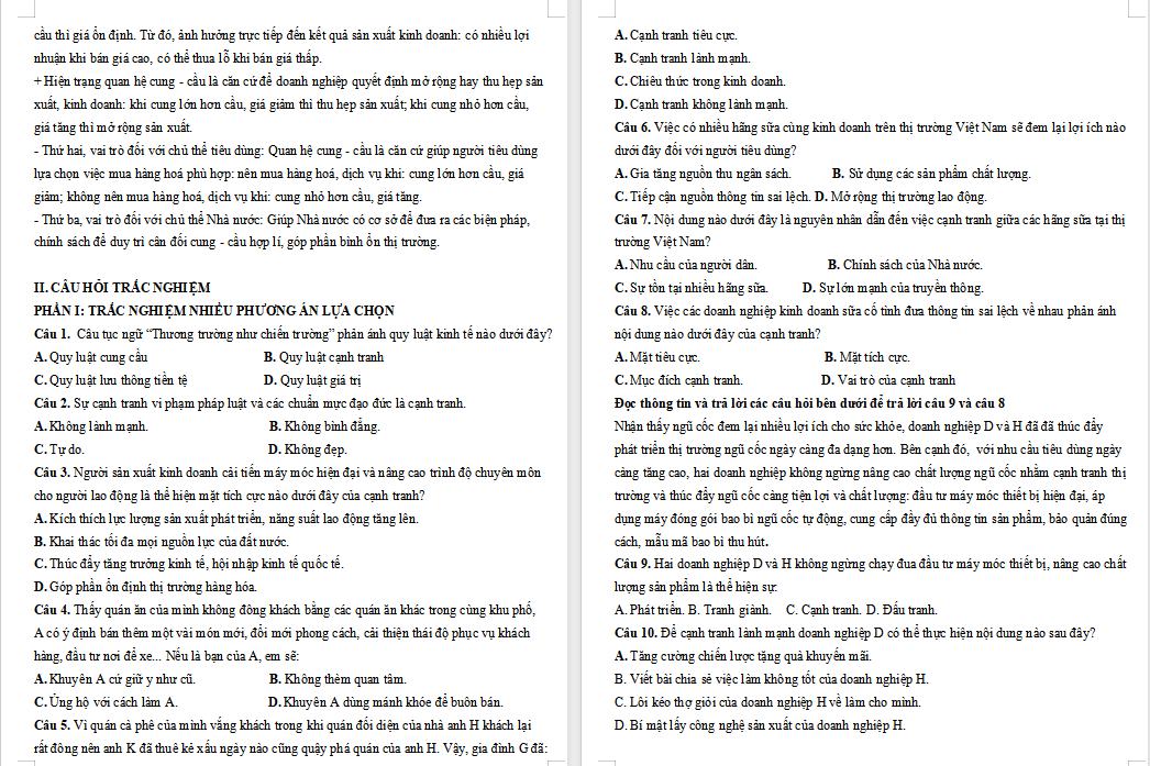 Đề cương ôn thi giữa học kì 1 GDKT&PL 11