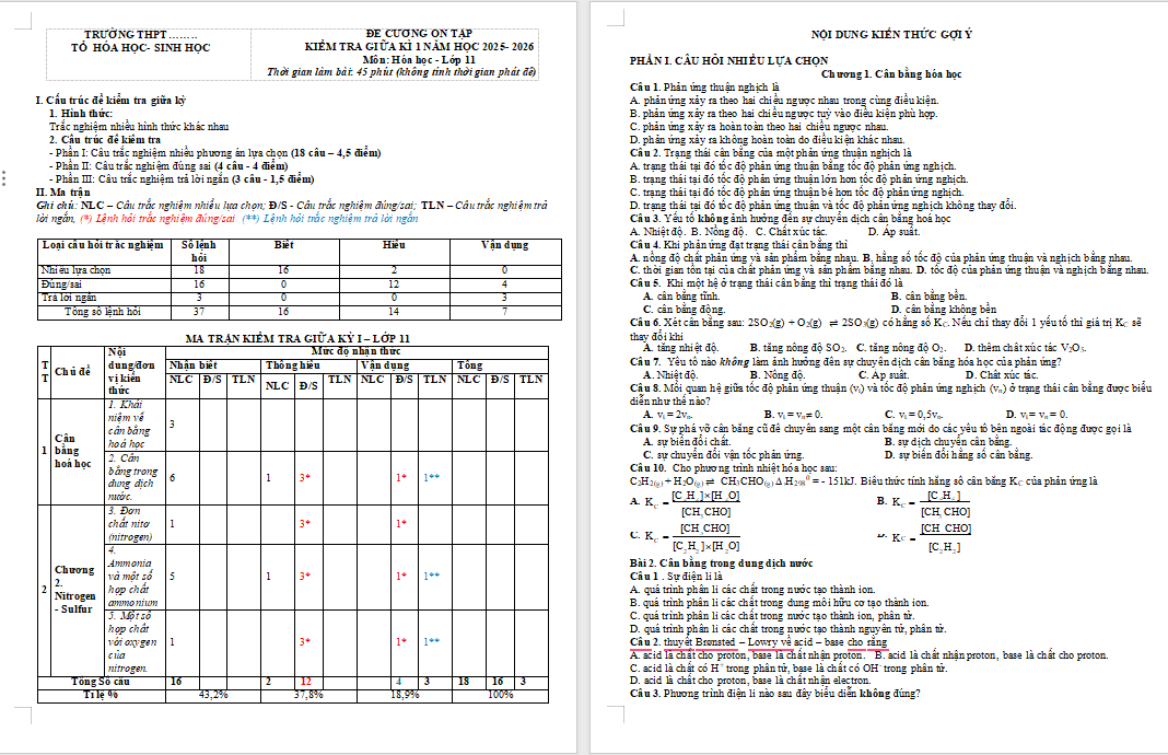 Đề cương ôn thi giữa học kì 1 Hóa học 11 Cánh diều 