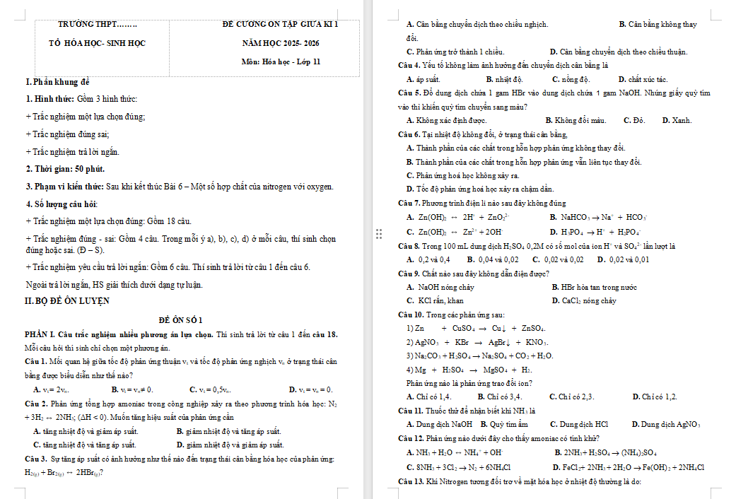 Đề cương ôn thi giữa học kì 1 Hóa học 11 Kết nối tri thức