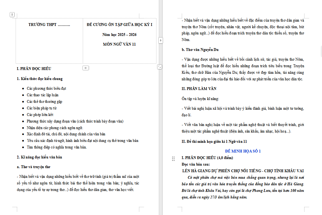 Đề cương ôn thi giữa học kì 1 Ngữ văn 11