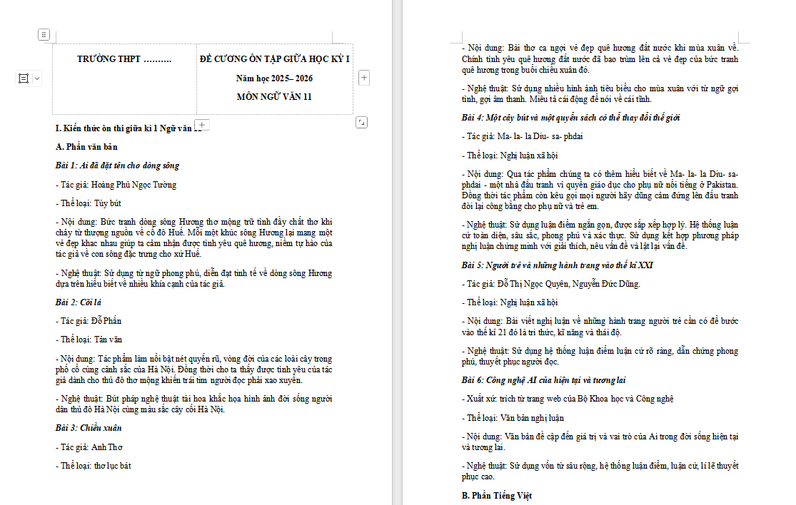 Đề cương ôn thi giữa học kì 1 Ngữ văn 11 Chân trời sáng tạo