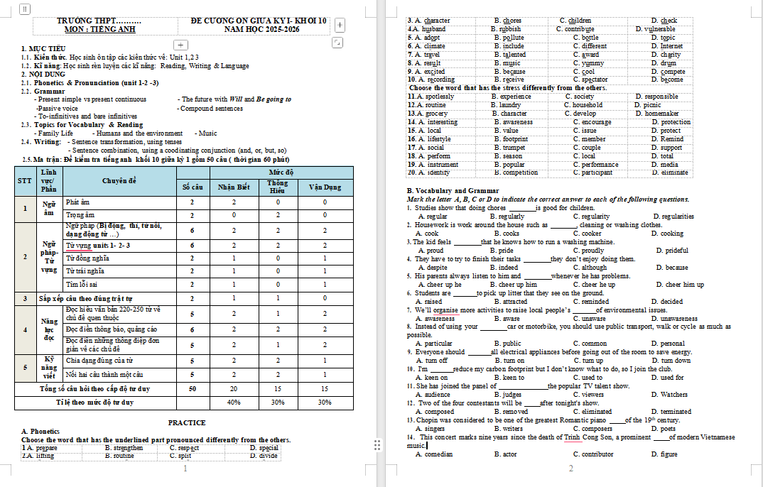 Đề cương ôn thi giữa học kì 1 Tiếng Anh 10