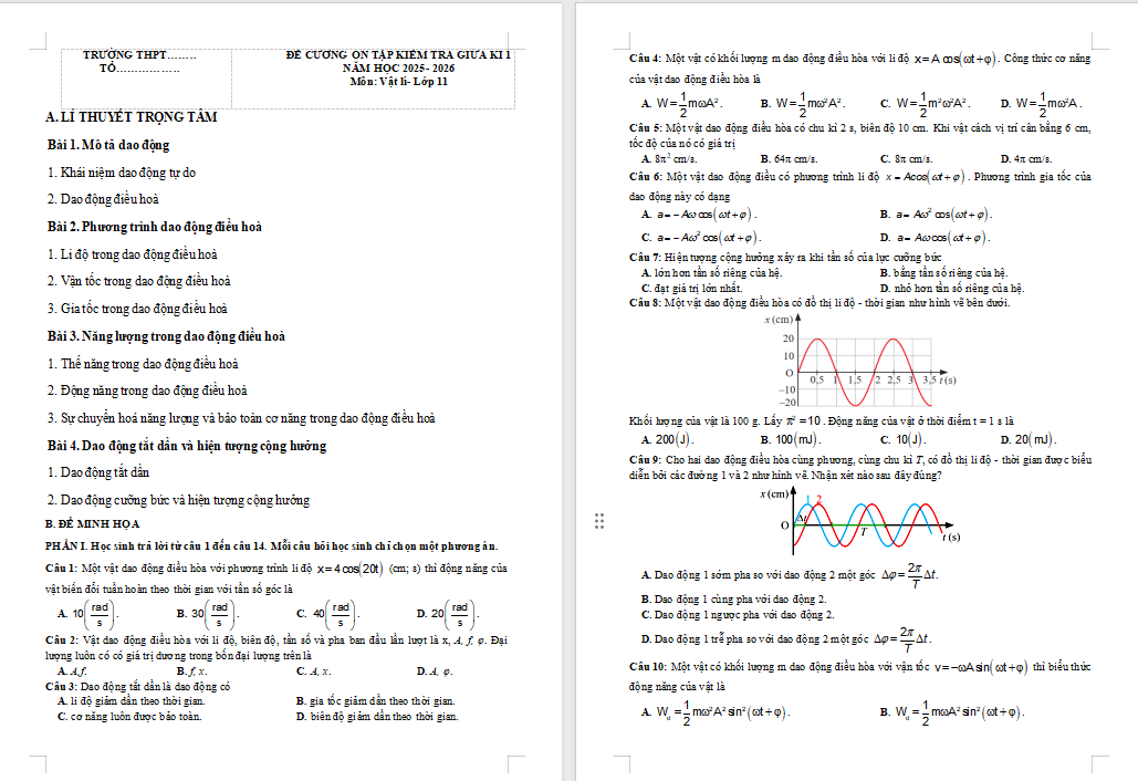 Đề cương ôn thi giữa học kì 1 Vật lí 11