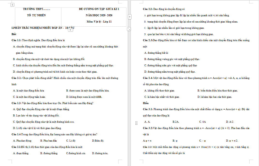 Đề cương ôn thi giữa học kì 1 Vật lí 11 Kết nối tri thức