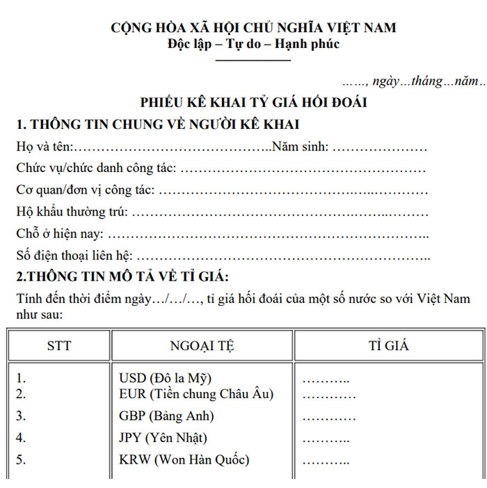 Mẫu phiếu kê khai tỷ giá hối đoái