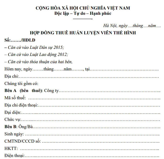 Mẫu hợp đồng thuê huấn luyện viên thể hình