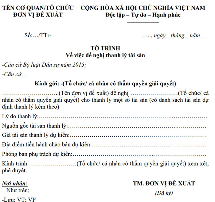 Mẫu tờ trình đề nghị thanh lý tài sản