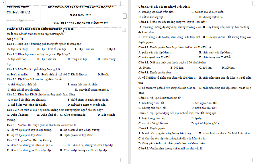 Đề cương ôn thi giữa học kì 1 Địa lí 10