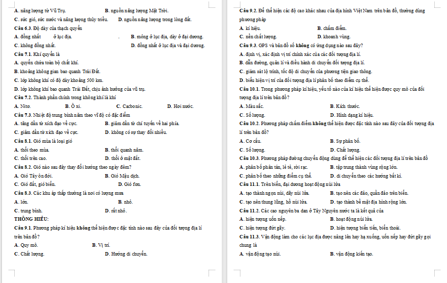 Đề cương ôn thi giữa học kì 1 Địa lí 10