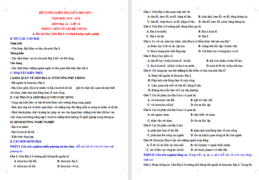 Đề cương ôn thi giữa học kì 1 Địa lí 10