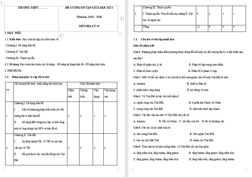 Đề cương ôn thi giữa học kì 1 Địa lí 10