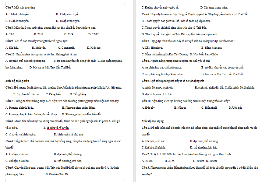 Đề cương ôn thi giữa học kì 1 Địa lí 10