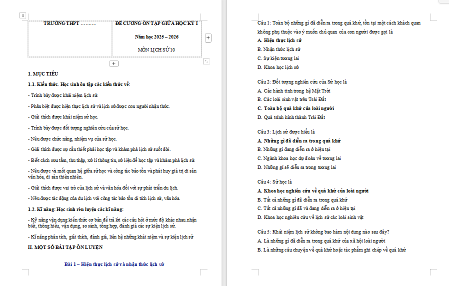 Đề cương ôn thi giữa học kì 1 Lịch sử 10 