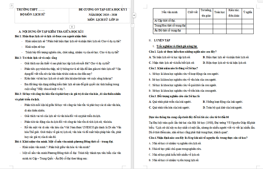 Đề cương ôn thi giữa học kì 1 Lịch sử 10 