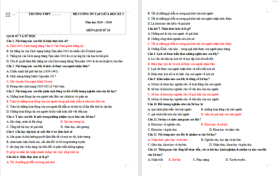 Đề cương ôn thi giữa học kì 1 Lịch sử 10