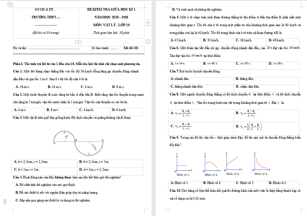 Đề kiểm tra giữa kì 1 Vật lí 10