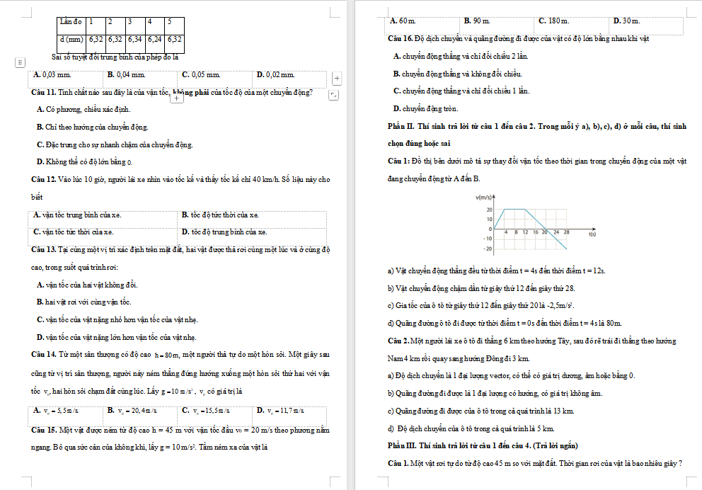 Đề kiểm tra giữa kì 1 Vật lí 10