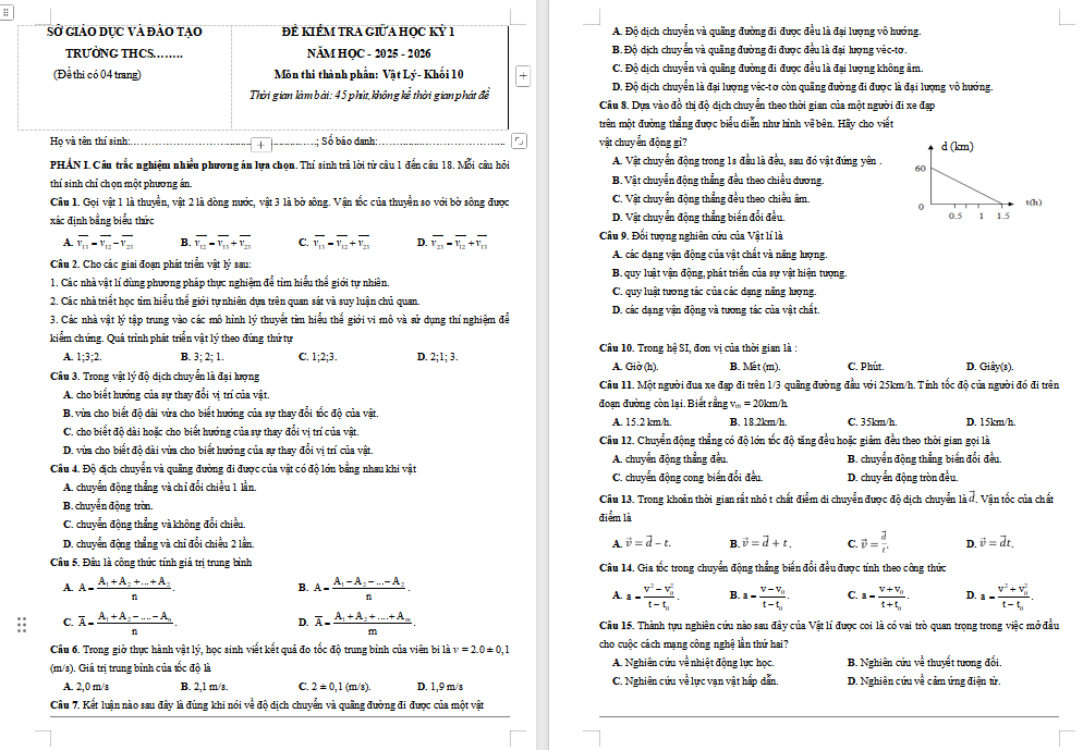 Đề kiểm tra giữa kì 1 Vật lí 10