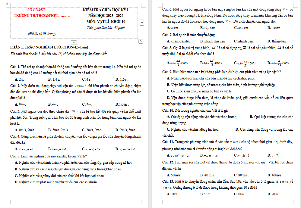Đề kiểm tra giữa kì 1 Vật lí 10