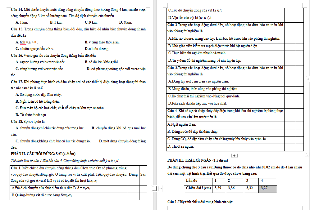 Đề kiểm tra giữa kì 1 Vật lí 10