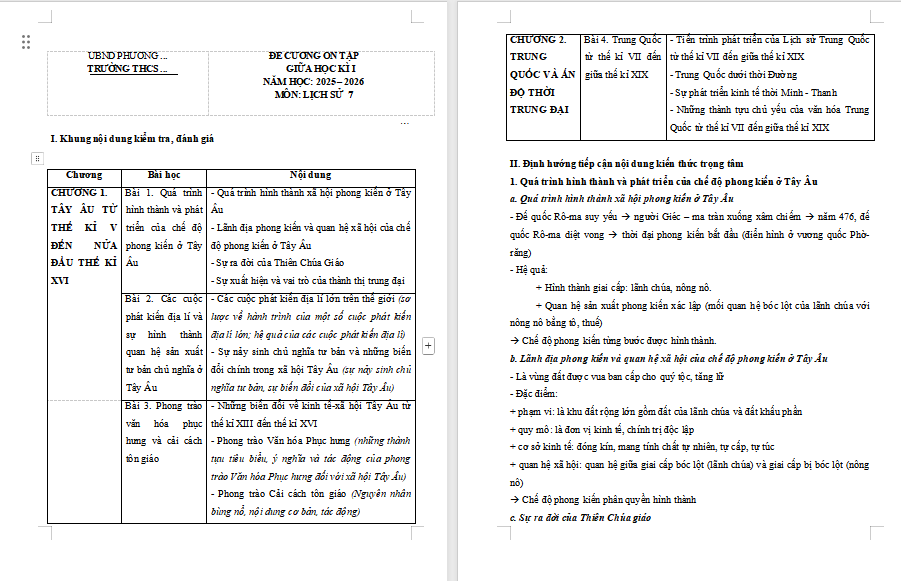 Đề cương ôn tập giữa kì 1 Lịch sử 7