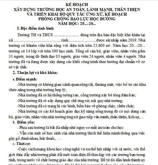 Mẫu Kế hoạch xây dựng lớp học an toàn và phòng chống bạo lực học đường Tiểu học và THCS