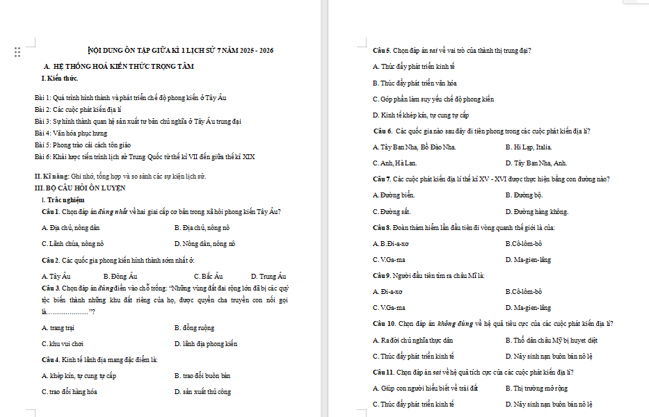 Đề cương ôn tập giữa kì 1 Lịch sử 7