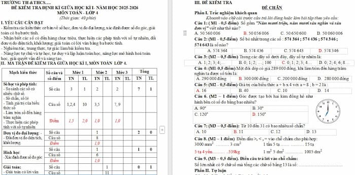 Đề kiểm tra giữa kì 1 môn Toán 4 KNTT