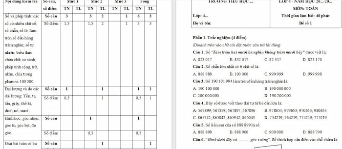 Đề kiểm tra giữa kì 1 môn Toán 4 KNTT