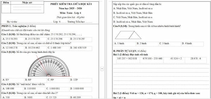 Đề kiểm tra giữa kì 1 môn Toán 4 KNTT